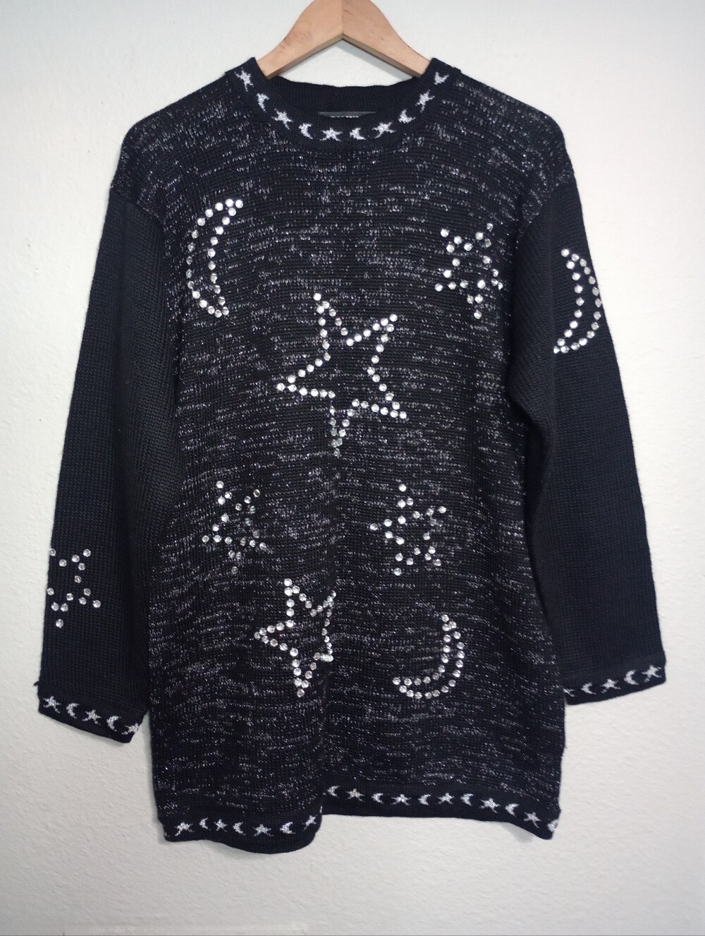 90s Vintage Wool Blend Celestial Rhinestone Embellished Tunic Sweater Witchy